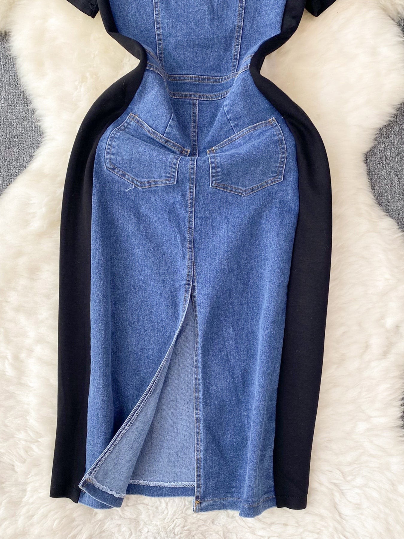 Full Size Denim Patchwork Short Sleeve Slit Back Dress Plus Size