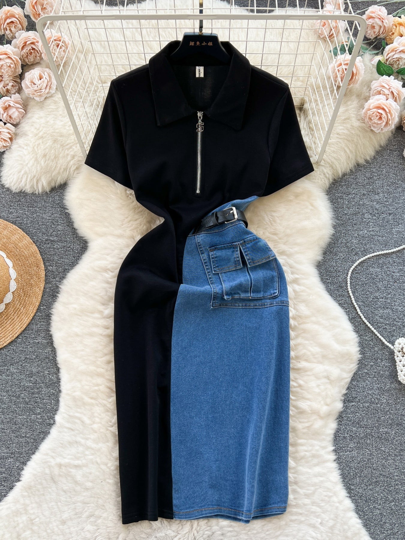 Color-Block Patchwork Denim Short-Sleeve Midi Dress