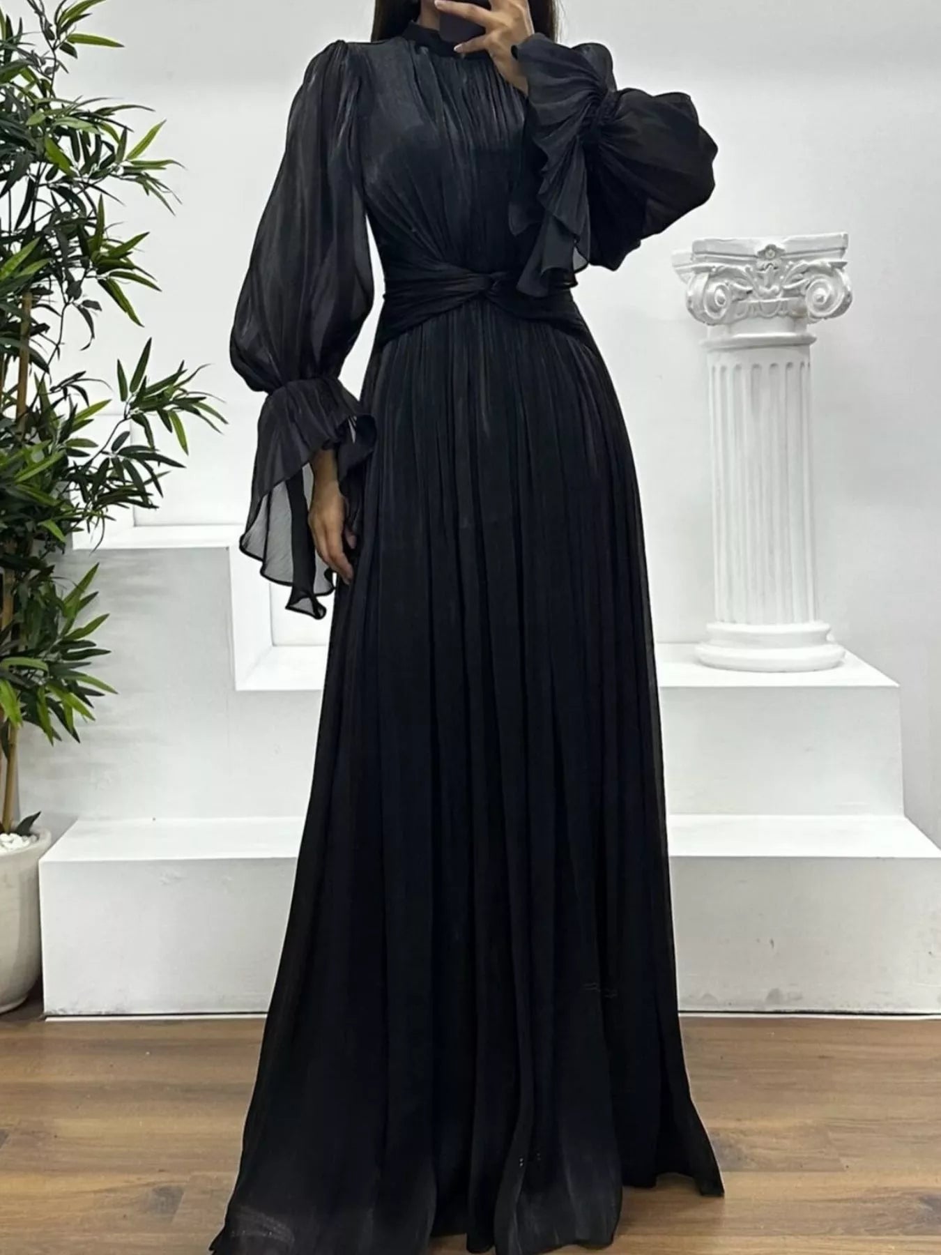 Pleated Mock Neck Long Sleeve Maxi Dress