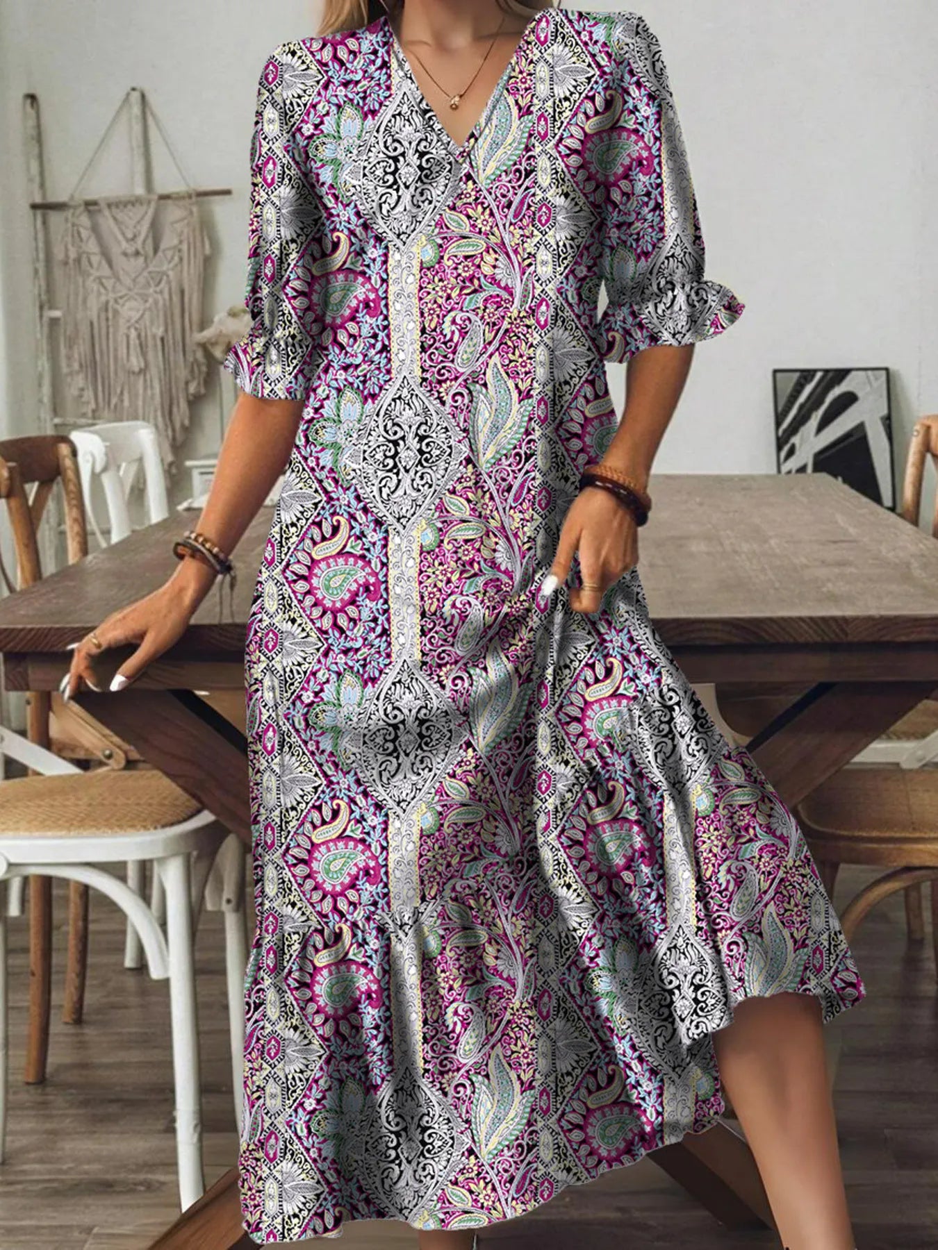 Bohemian Paisley Print V-Neck Midi Dress