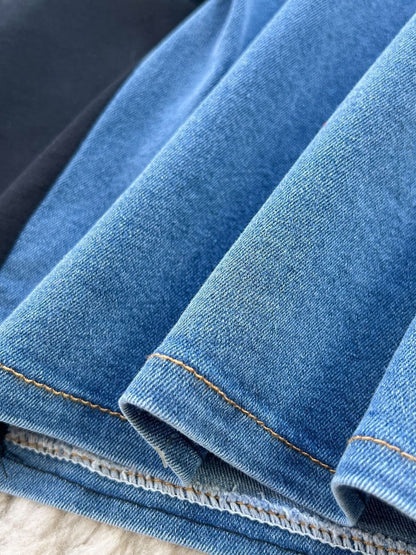 Color-Block Patchwork Denim Short-Sleeve Midi Dress