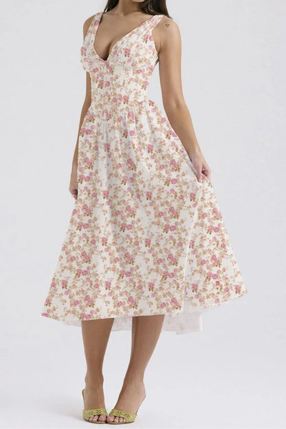 Floral V-Neck Sleeveless Midi Dress with Pockets
