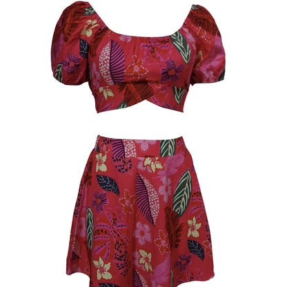 Flower Print Bubble Sleeves With Exposed Navel Short Top, Pleated Short Skirt Set