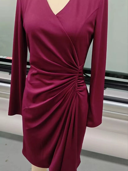 Front Ruched V-Neck Long Sleeve Dress