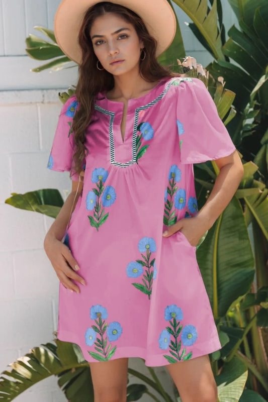 Floral Notched Summer Mini Dress with Striped Trim