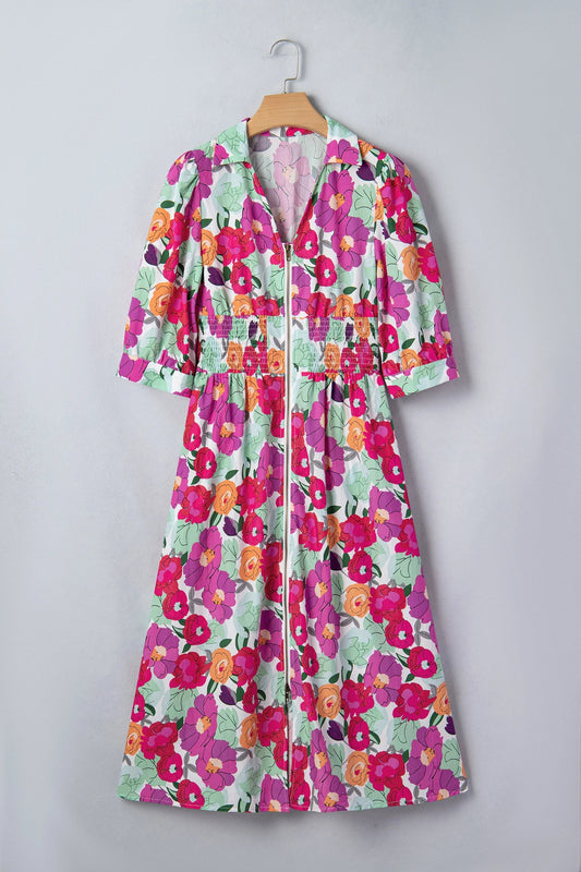 Floral Zip-Up V-Neck Short Puff Sleeve Dress