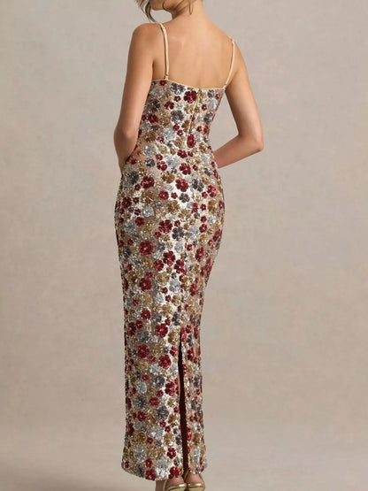 Slit Floral Sequin Bodycon Maxi Dress