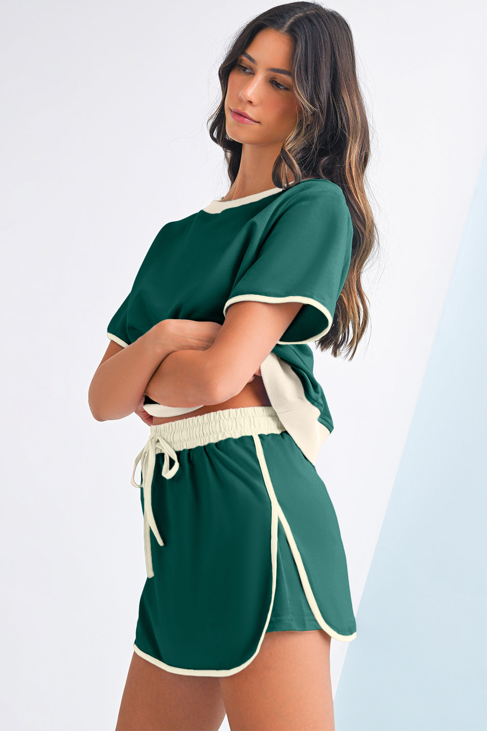 Luxury Colorblock Edge Drop Shoulder T Shirt and Skort Set