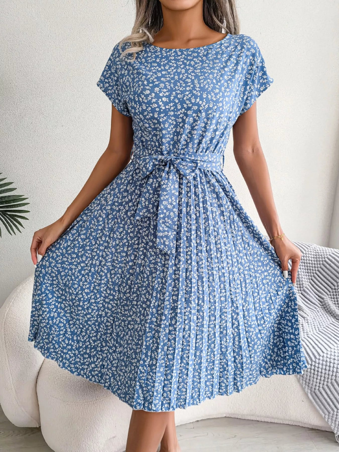 Women's Floral Pleated Midi Dress with Belt – Casual Spring Style