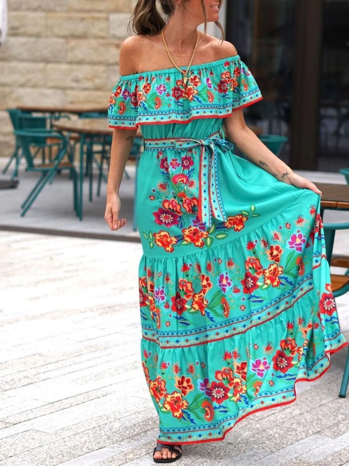 Floral Off Shoulder Ruffle Maxi Dress