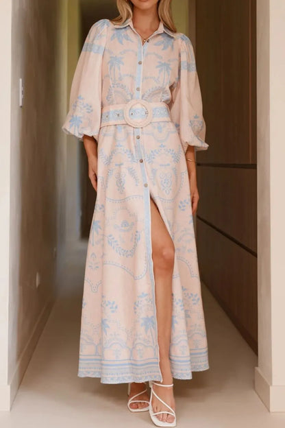 Printed Balloon Sleeve Maxi Shirt Dress