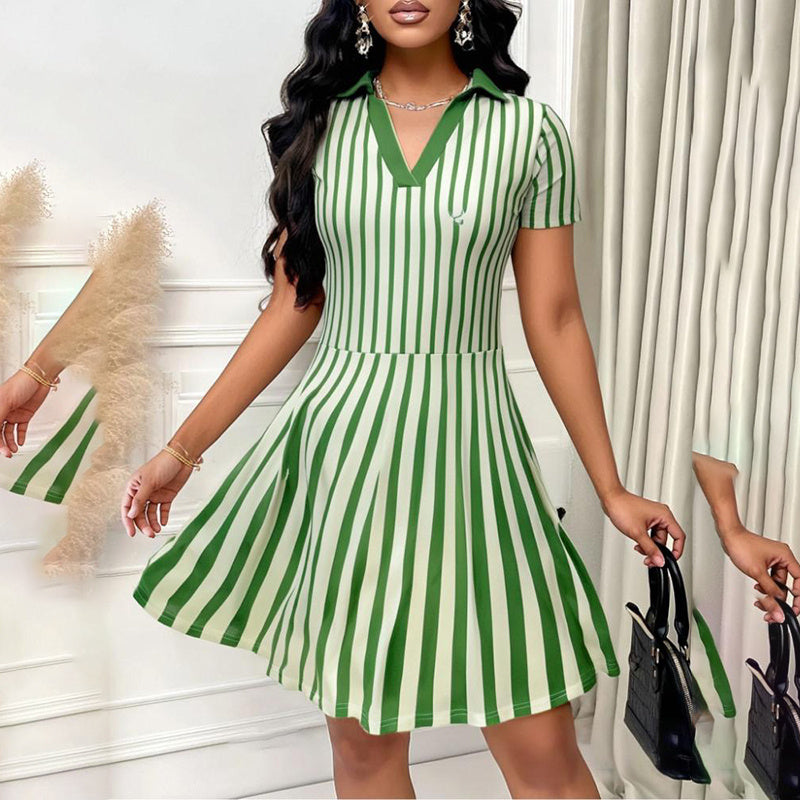 Women's Elegant Striped V-neck Short Sleeve A-line Short Dress