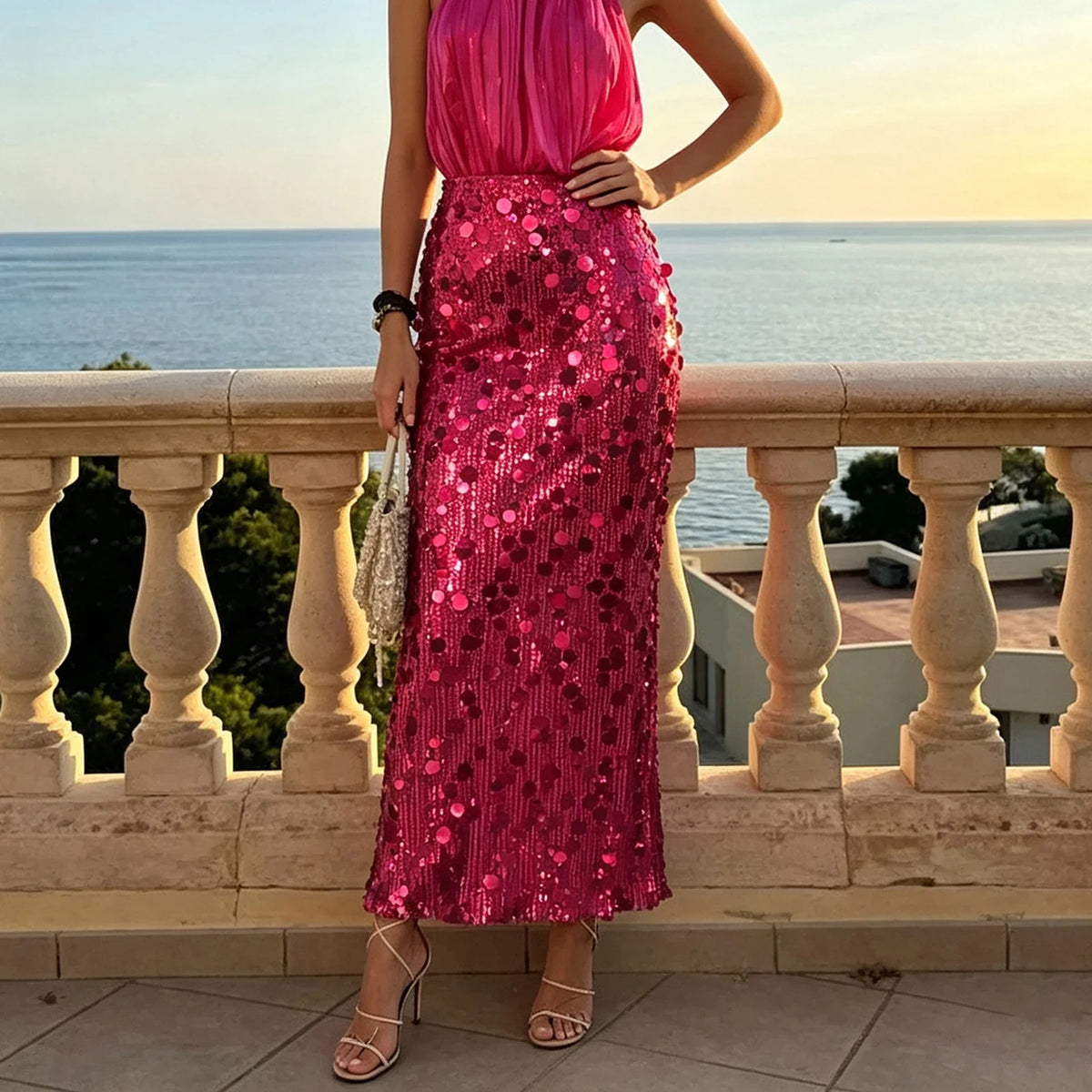 Falda Larga de Lentejuelas para Mujer, Elegante, de Cintu...