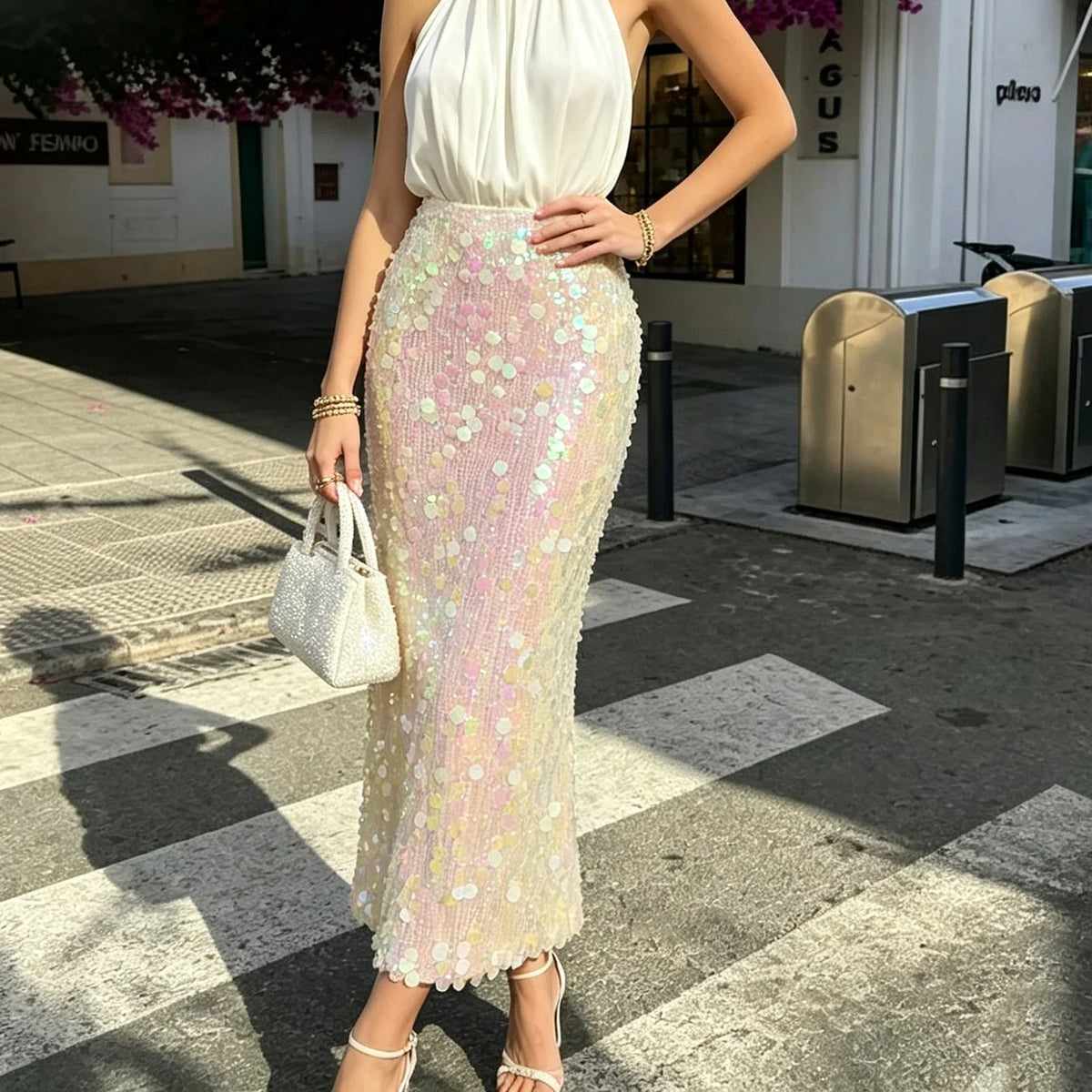 Falda Larga de Lentejuelas para Mujer, Elegante, de Cintu...