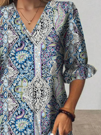 Bohemian Paisley Print V-Neck Midi Dress