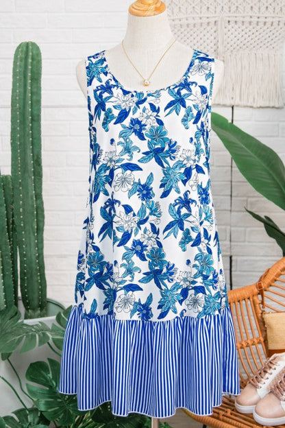 Floral Scoop-Neck Stripe Ruffle-Hem Dress