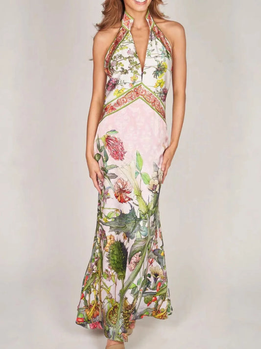 Printed Halter Neck Backless Maxi Dress