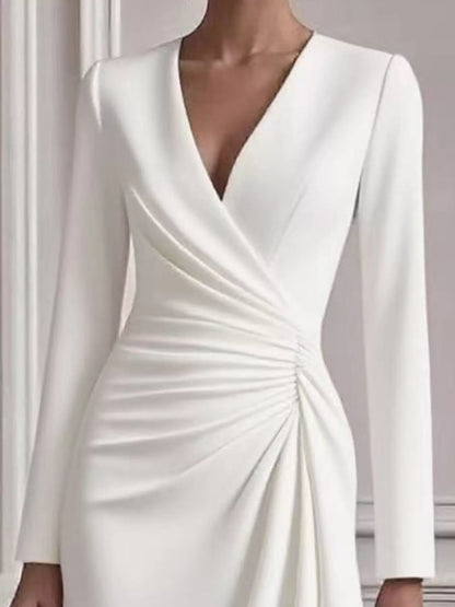 Front Ruched V-Neck Long Sleeve Dress