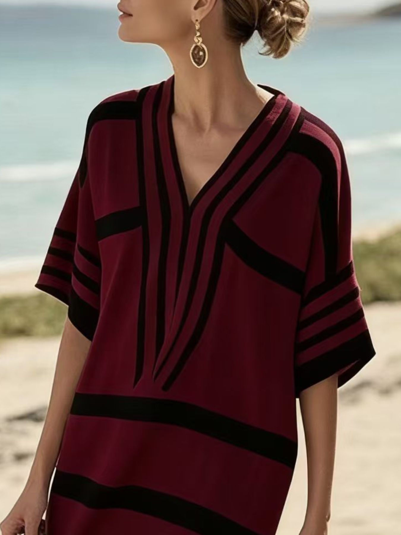 Full Size Striped Half Sleeve Midi Dress Plus Size