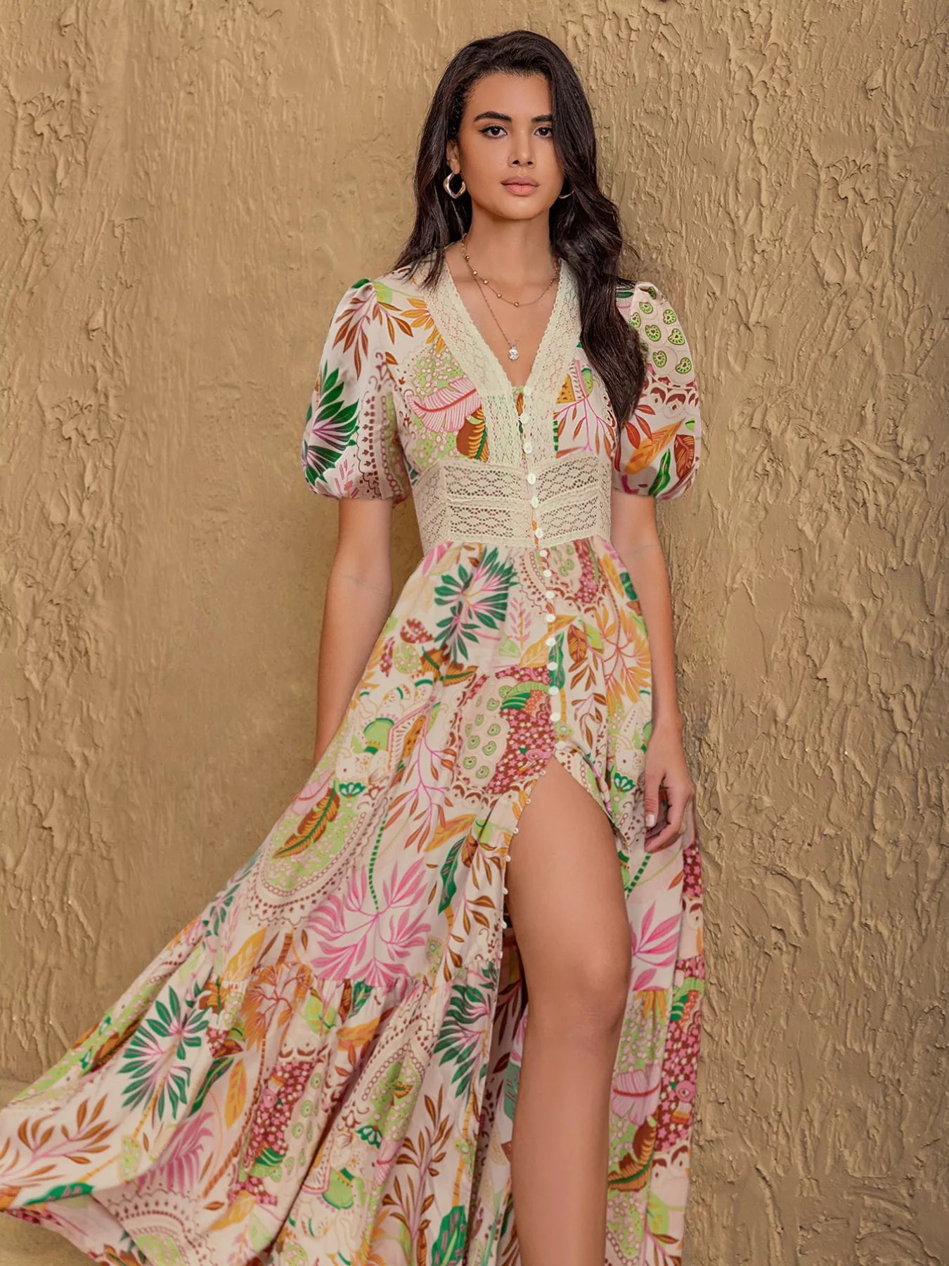 Lace Trim Floral Print Puff Sleeve Dress