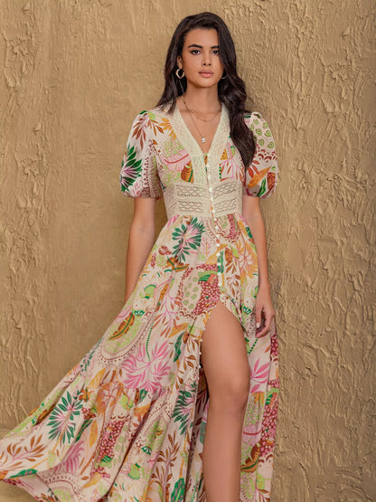 Lace Trim Floral Print Puff Sleeve Dress