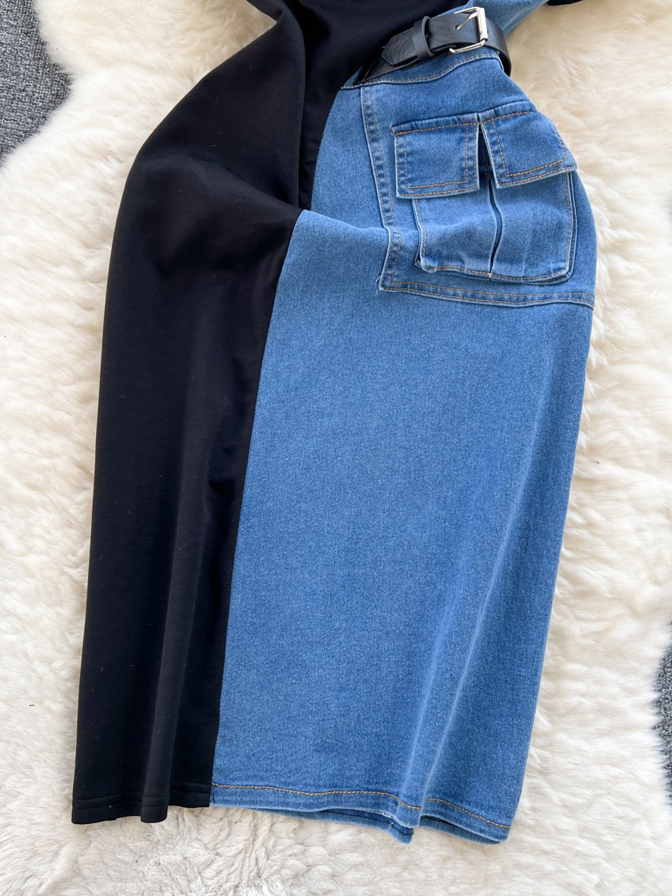 Color-Block Patchwork Denim Short-Sleeve Midi Dress