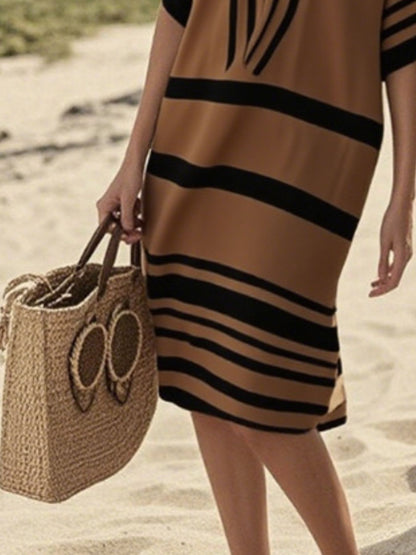 Full Size Striped Half Sleeve Midi Dress Plus Size