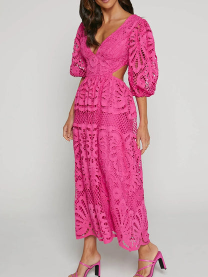 Cutout Back Lace Crochet V-Neck Dress