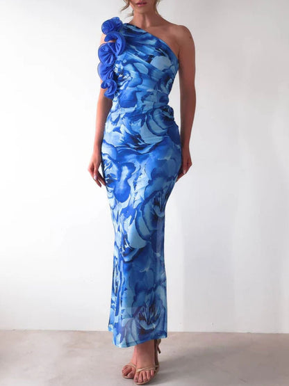 Floral Print One-Shoulder Maxi Dress