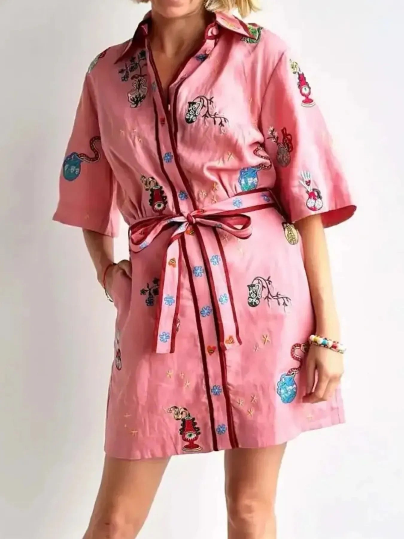 Embroidered Tie Waist Shirt Dress