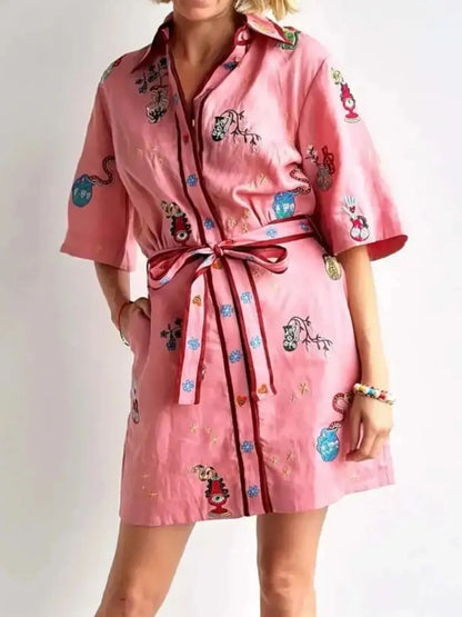 Embroidered Tie Waist Shirt Dress