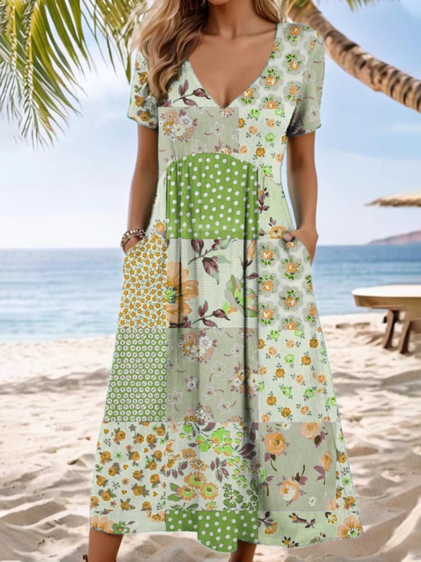 Floral V-Neck Casual Midi Dress