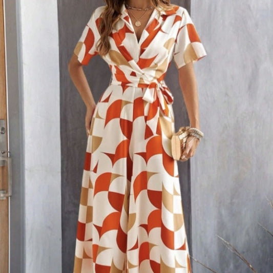 Women's Geometric Pattern Printed Lace Up Shirt Jumpsuit