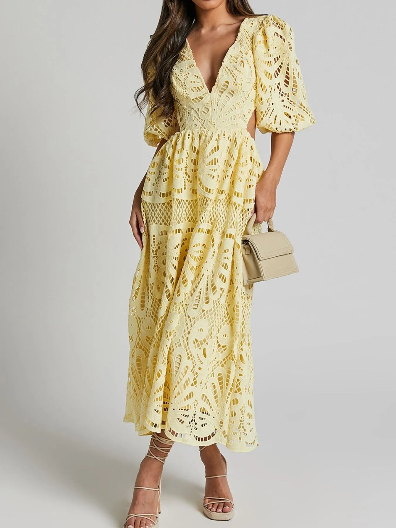 Cutout Back Lace Crochet V-Neck Dress