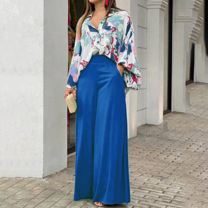 Elegant Colorful Printed Shirt plus Wide Leg Pants 2-piece Set