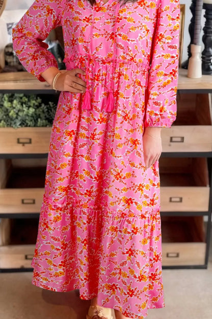 Floral Print Tie Neck Midi Dress