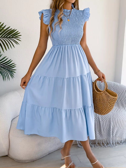 Women's Smocked Ruffle Midi Dress – Casual A-Line Cap Sleeve