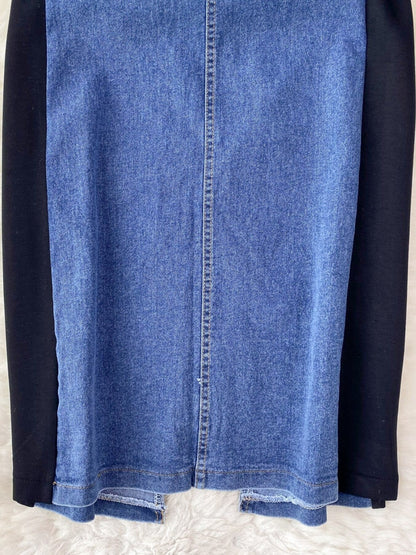 Full Size Denim Patchwork Short Sleeve Slit Back Dress Plus Size