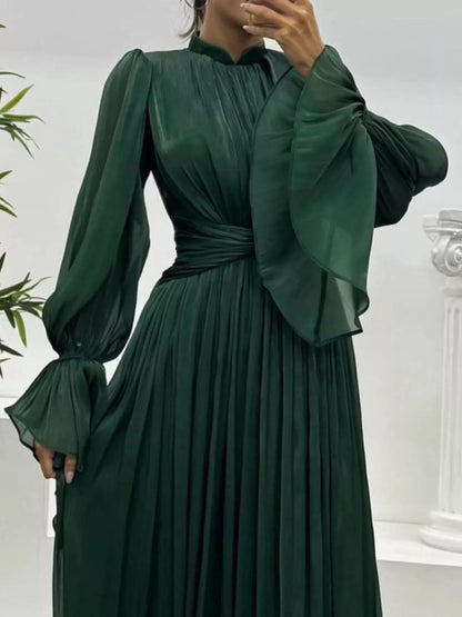 Pleated Mock Neck Long Sleeve Maxi Dress