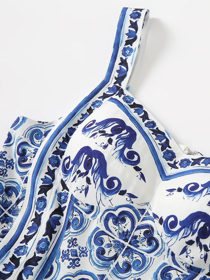 Smocked Printed Wide Strap Dress