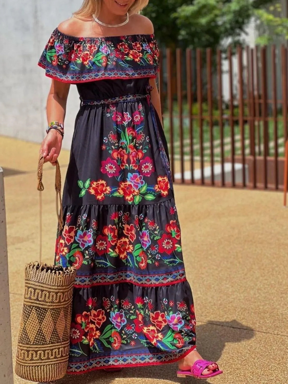 Floral Off Shoulder Ruffle Maxi Dress