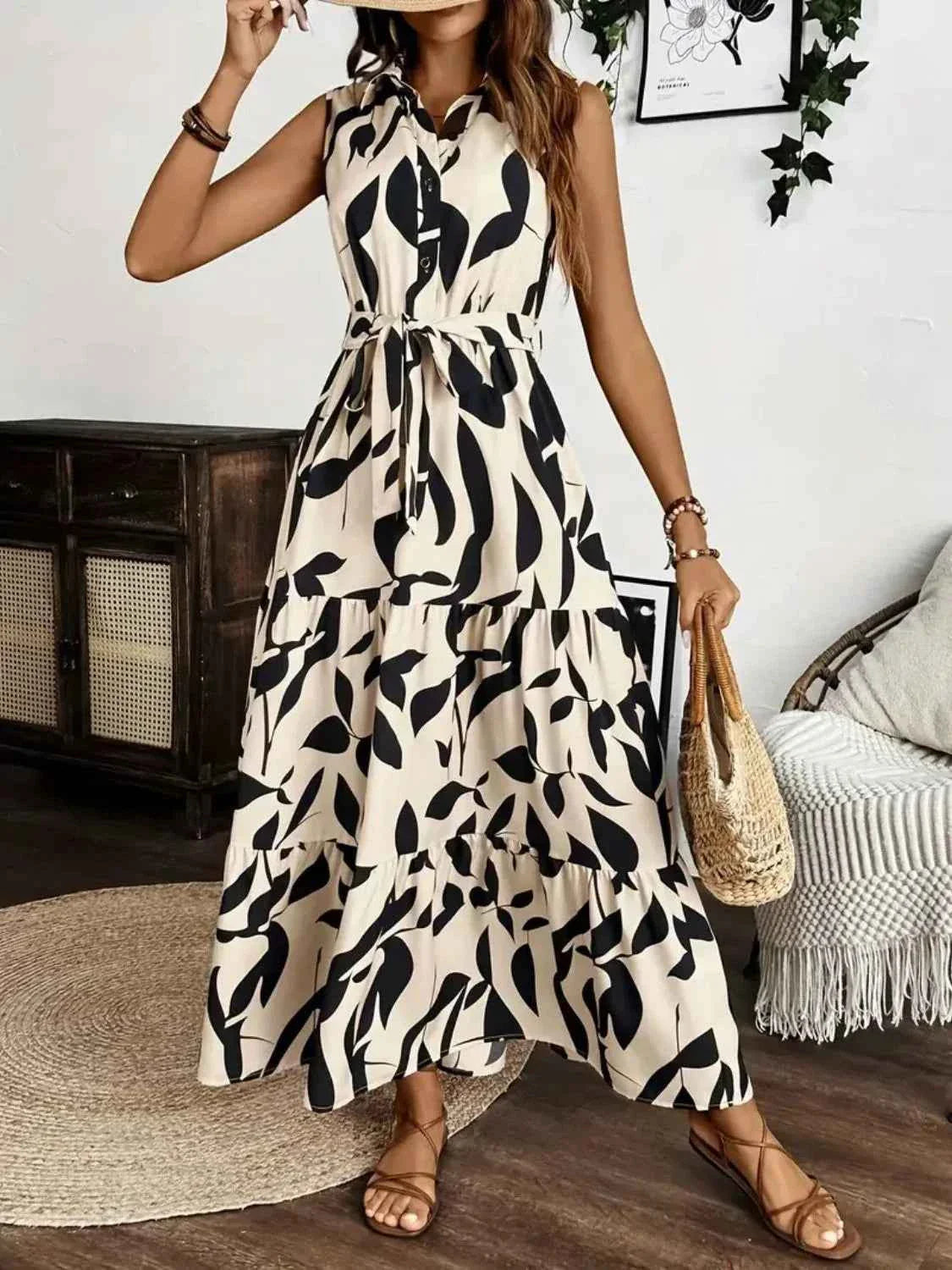 Printed Maxi Dress with Tie Waist - Sleeveless Elegance