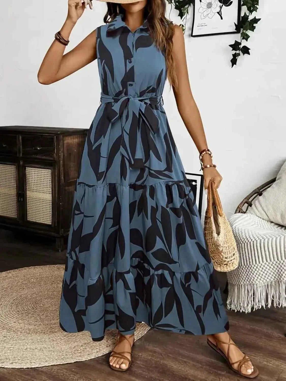 Printed Maxi Dress with Tie Waist - Sleeveless Elegance