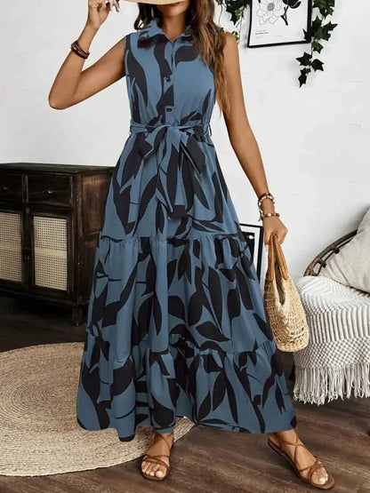 Printed Maxi Dress with Tie Waist - Sleeveless Elegance