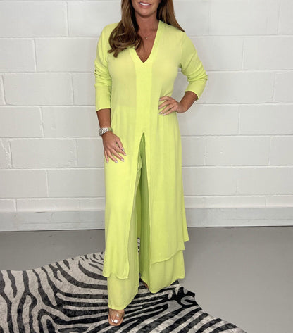 Women's Fashion Chiffon Solid Color Long Top & Pants Outfit Set