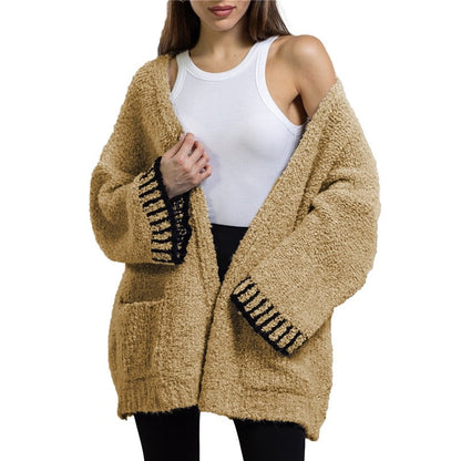 Casual Loose Contrast Color Long Sleeve Sweater Cardigan