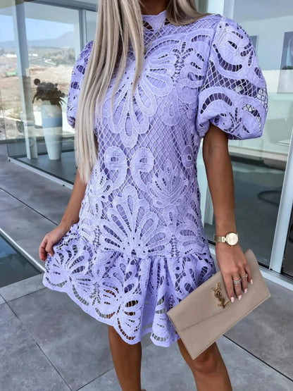 Lace Mock Neck Puff Sleeve Dress