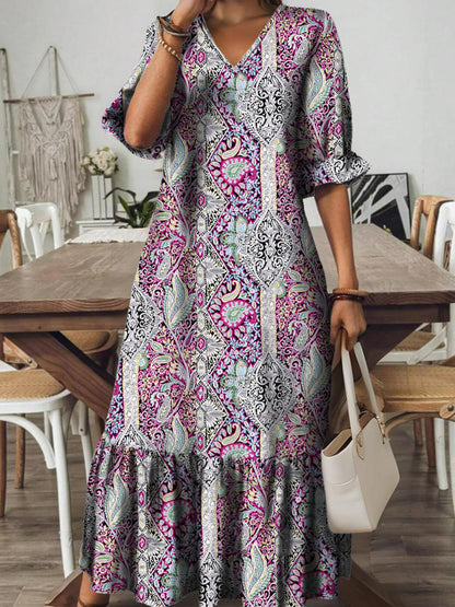 Bohemian Paisley Print V-Neck Midi Dress