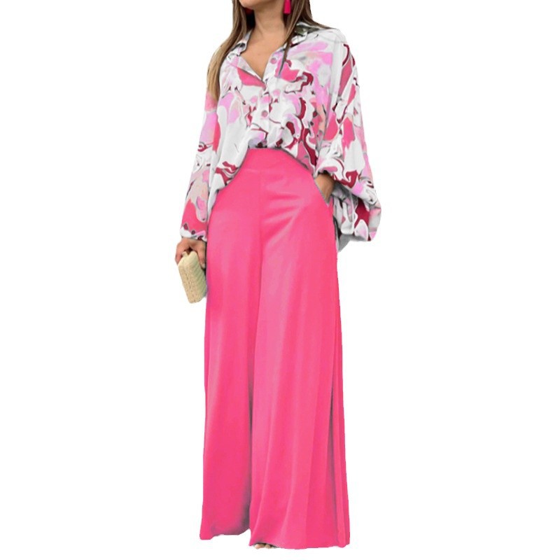 Elegant Colorful Printed Shirt plus Wide Leg Pants 2-piece Set