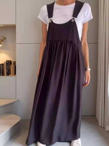 Ruched Wide Strap Overall Maxi Dress